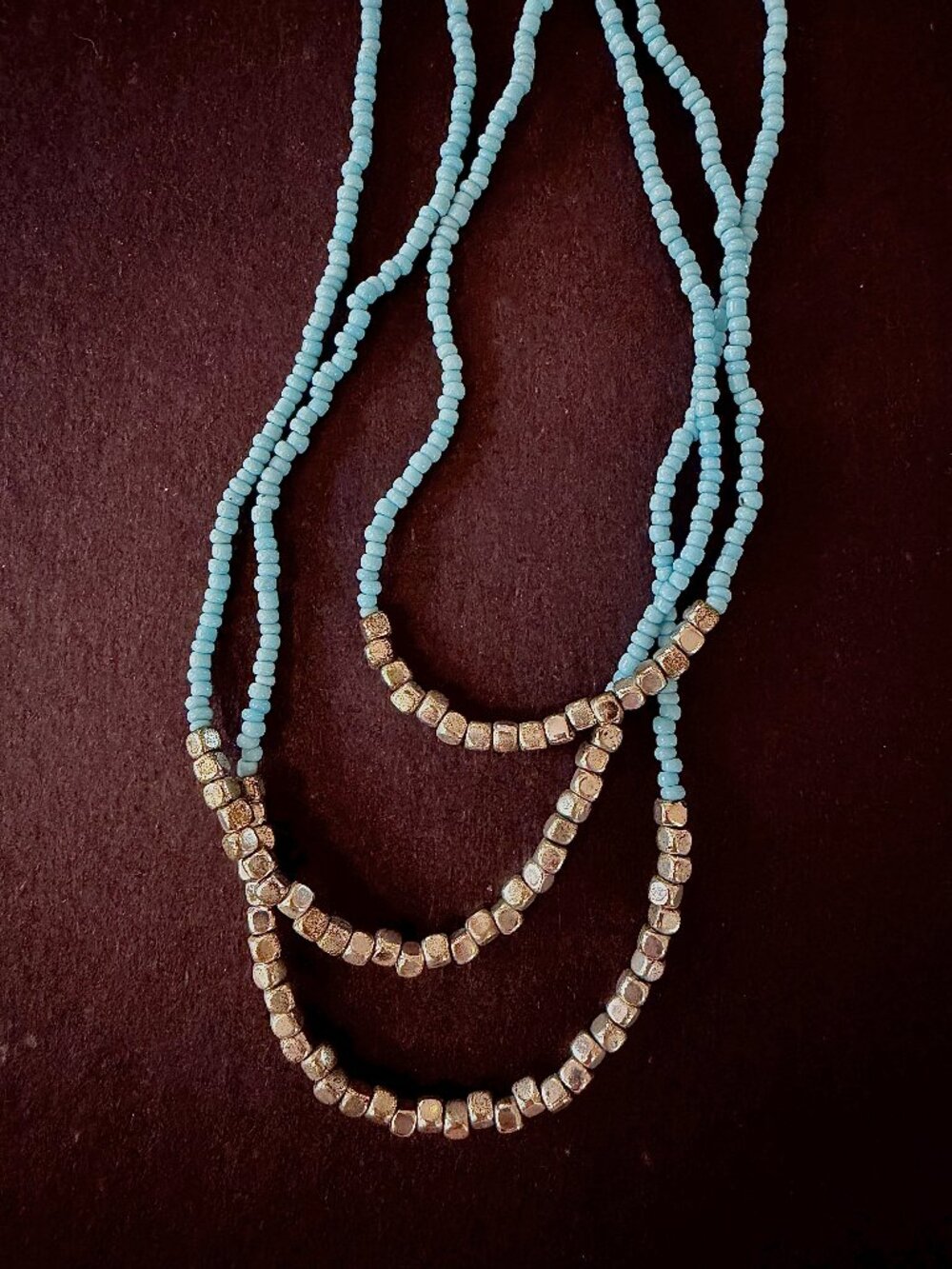 Layered Blue Seed Bead & Gold Cube Bead Multi Strand Necklace Boho